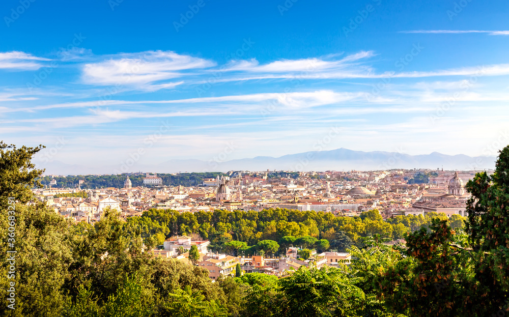 Panoramic view of historic center of Romem Italy from the Gianicolo hill during summer sunny day.