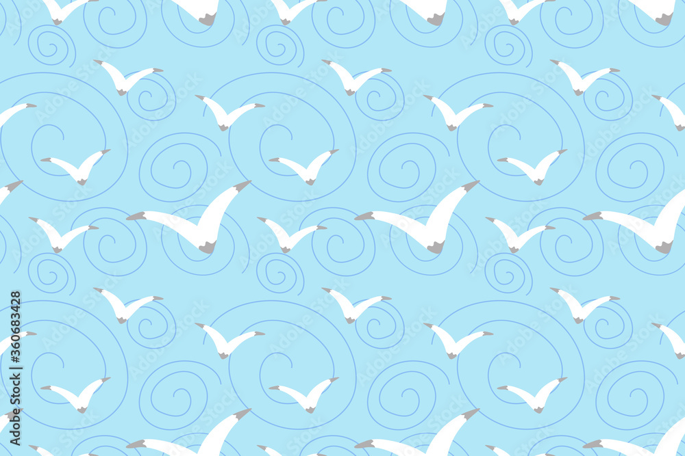 Light blue vector seamless pattern with seagulls and spirals. Flying birds illustration for fabric, textile, banner, calendar, wallpaper, background, cover, wrapping paper Light blue vector seamless pattern with seagulls and spirals. Flying birds illustration for fabric, textile, banner, calendar, wallpaper, background, cover, wrapping paper