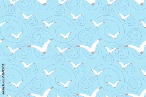 Light blue vector seamless pattern with seagulls and spirals. Flying birds illustration for fabric, textile, banner, calendar, wallpaper, background, cover, wrapping paper