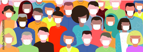 Multinational and multicultural Crowd of people wearing masks to prevent coronavirus 