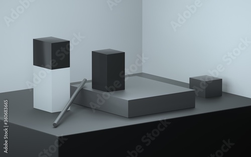 Abstract still life black and gray boxes on a gray background diagonal 3D image