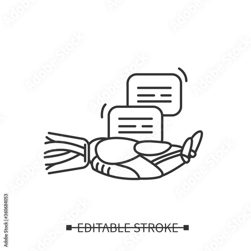 Voice to text icon. Robot hand and message. Linear pictogram for automatic speech to text processing technology. Editable stroke vector illustration for web, ui and machine learning service business 