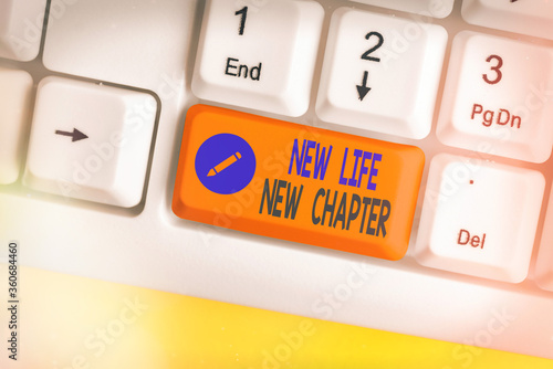 Word writing text New Life New Chapter. Business photo showcasing modification of brand or business Change opportunities White pc keyboard with empty note paper above white key copy space photo