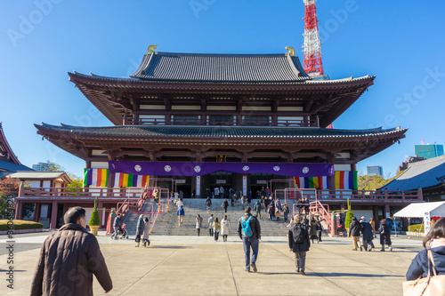 The Zojo-ji Temple with blue sky in Tokyo, Japan photo