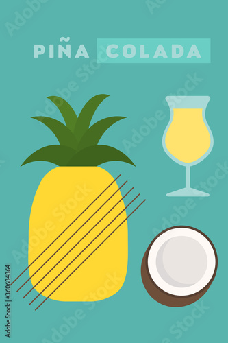 Pina Colada cocktail poster. Flat design.