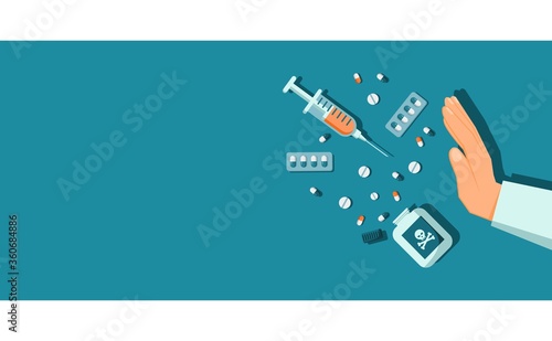 Stop drug abuse and illicit trafficking campaign background. Flat style vector illustration of flat lay view of drugs, injection, and capsule . Suitable for banner and poster design.