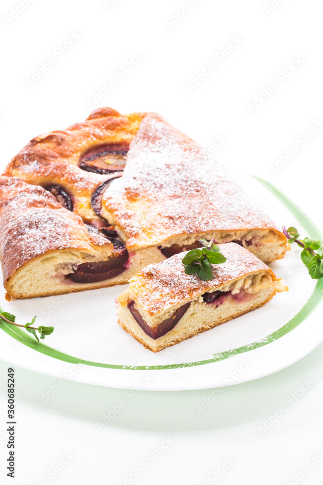 sweet baked homemade plum cake with icing sugar sweet baked homemade plum cake with icing sugar