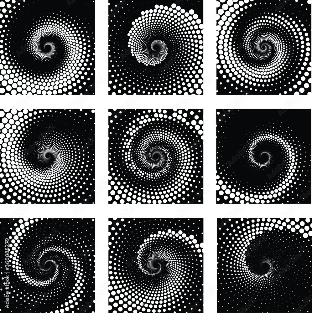 Set of white background. Halftone spiral dots. Vector art illustration. Design element for web, prints, pattern and abstract background