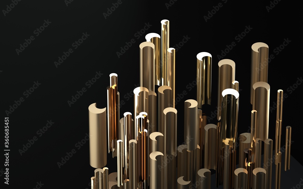 Abstract image of golden cylinders side view 3D image Abstract image of golden cylinders side view 3D image