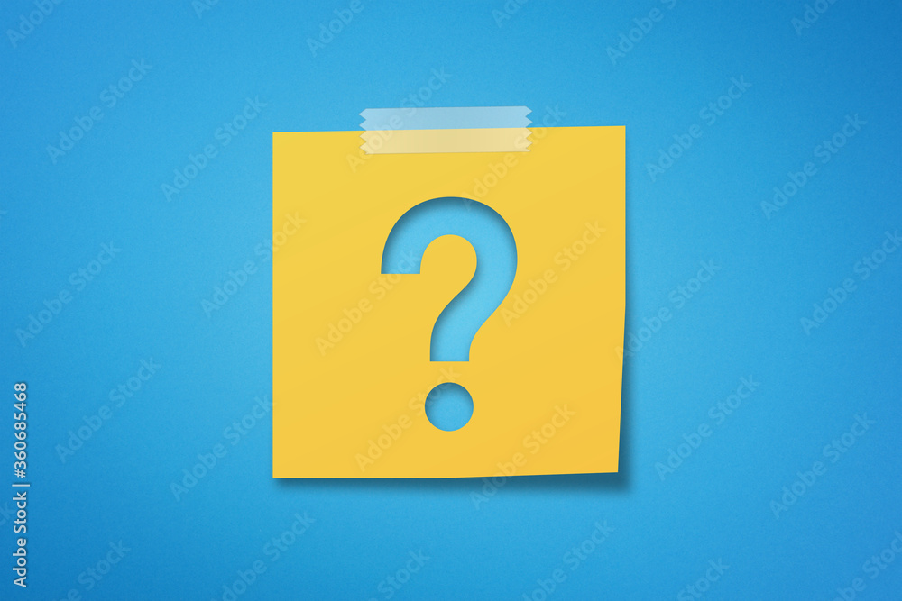 Yellow sticky note paper with question mark on blue background Stock ...