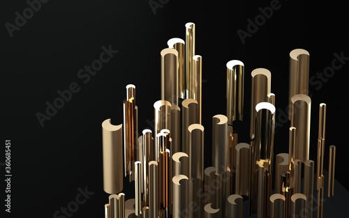 Abstract image of golden cylinders side view 3D image