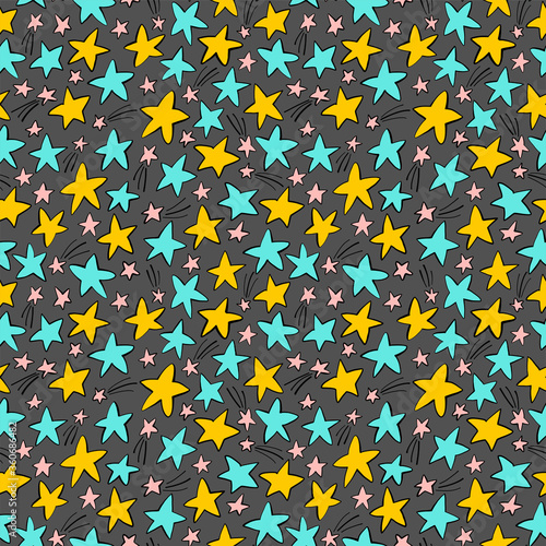 Seamless pattern with colorful stars on dark background. Ink illustration. Hand drawn ornament for wrapping paper.