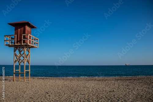 Lifeguard tower and beach of the Vera Playa, Andalucia, Spain © Munteanu