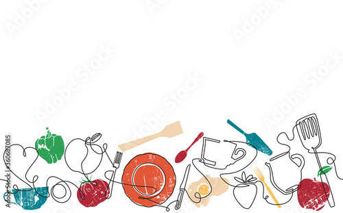 Background with Morning food and Utensils. Cooking Horizontal Pattern. Continuous drawing style. Vector illustration.