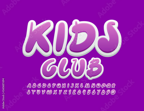 Vector trendy banner Kids Club with Violet and White creative Font. Artistic Alphabet Letters and Numbers