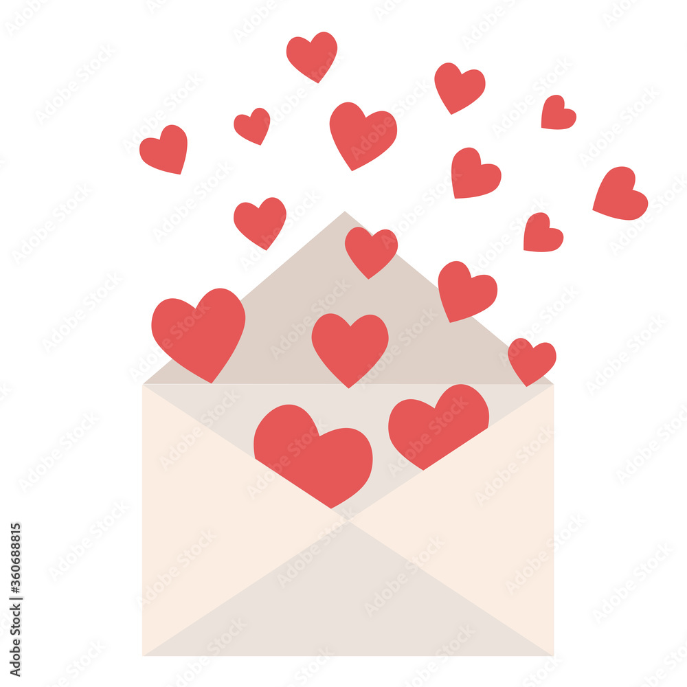 Love letter mail with red hearts flying out on white for design, stock vector illustration