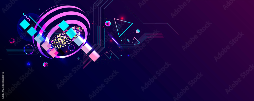 Obraz premium Dark retro futuristic art neon abstraction background cosmos new art 3d starry sky glowing galaxy and planets blue circles