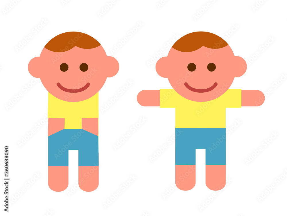 Little cartoon boy in a flat style. Two poses. Hands in pockets and to the sides. Vector isolated illustration.