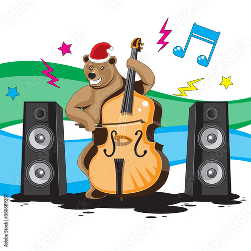 A bear plays a double bass in a hood music from speakers on a white isolated background. Vector image