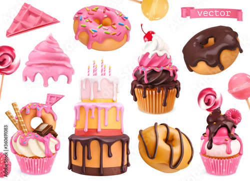 Sweets 3d vector realistic objects. Cupcakes, cake, donuts, candy. Food icons