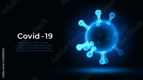 Corona virus. Vector 3d microbe on black background. Covid - 19. Futuristic virus protection microbiology concept. Pathogen organism, infectious micro virology. Antibiotics, vaccination