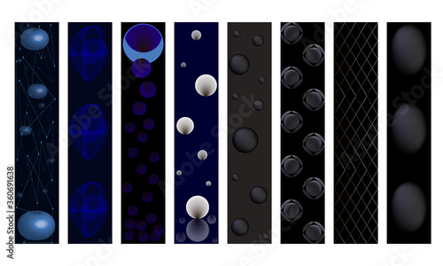 Set bookmarks with a 3D pattern. The futuristic design is dark. Abstract three dimensional drawing. Balls and other geometric shapes.