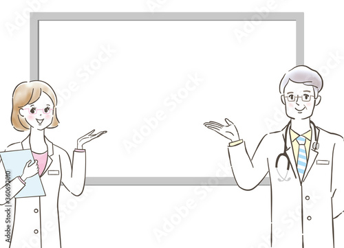 ホワイトボードで解説するシニア男性医師と女性/笑顔/手描き