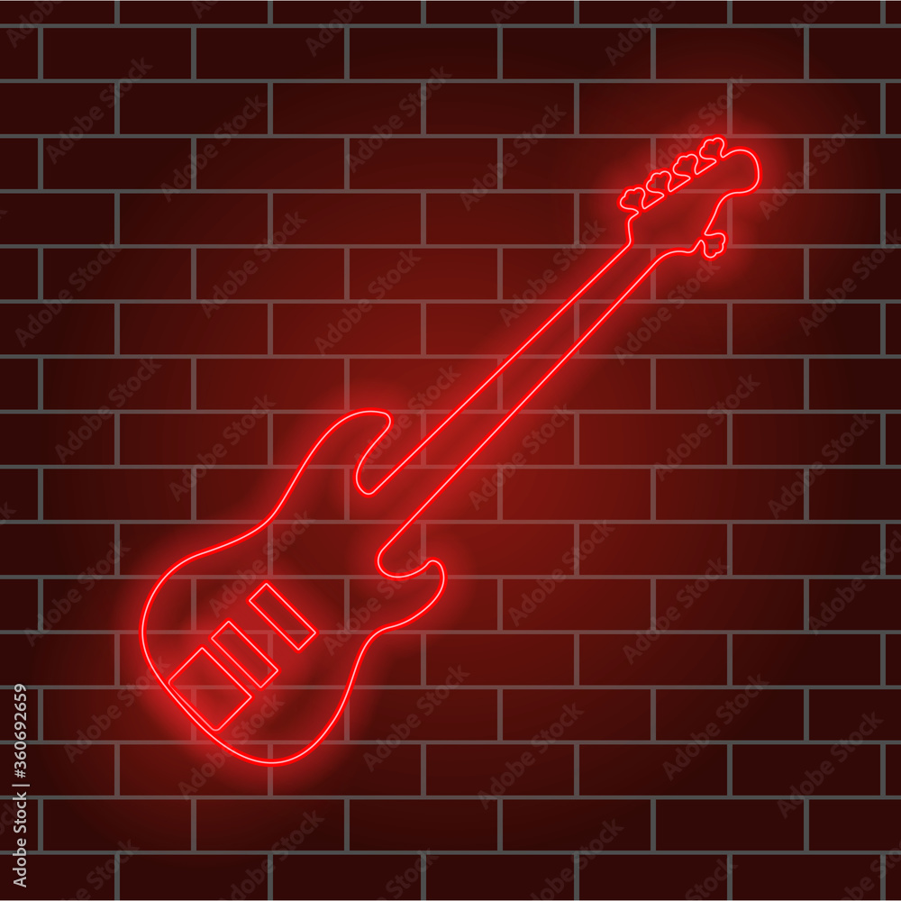 Electric guitar, red neon glow. Musical instrument. Night signboard. Vector illustration. Electric guitar, red neon glow. Musical instrument. Night signboard. Vector illustration.