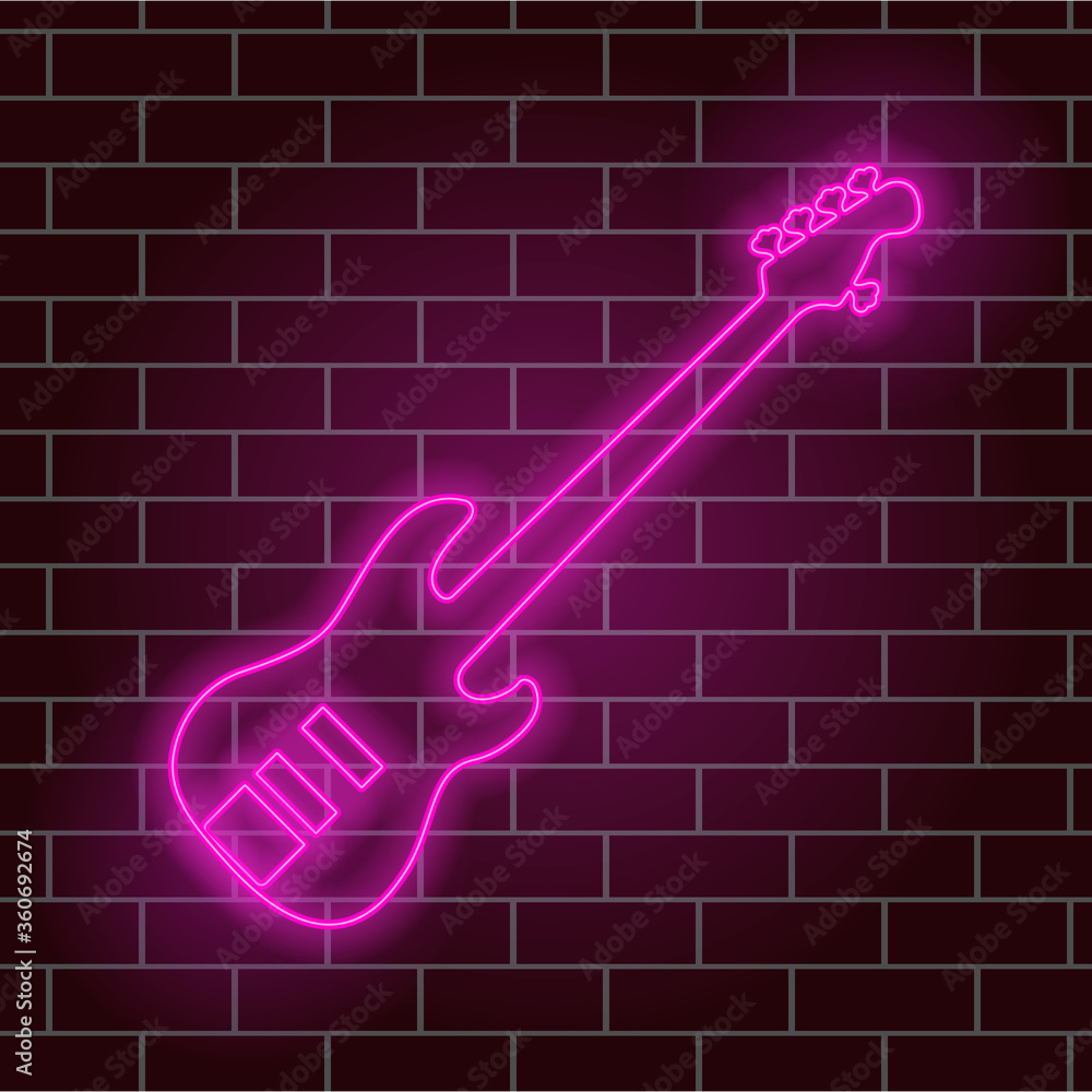 Electric guitar, pink neon glow. Musical instrument. Night signboard. Vector illustration. Electric guitar, pink neon glow. Musical instrument. Night signboard. Vector illustration.