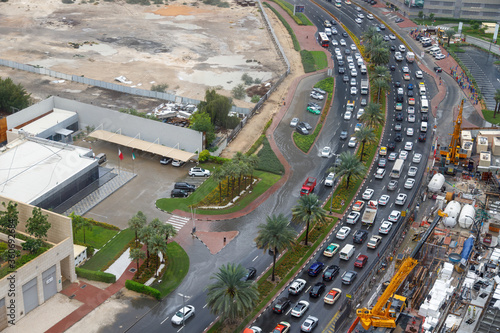 Canvas Print Dubai, UAE - CIRCA 2020: Big long traffic jam caused by have rains