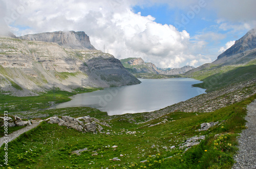 View of the Daubensee in Leukerbad in the Swiss Alps