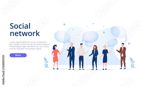 Social network concept illustration, group of people talking with speech bubbles, perfect for web design, banner