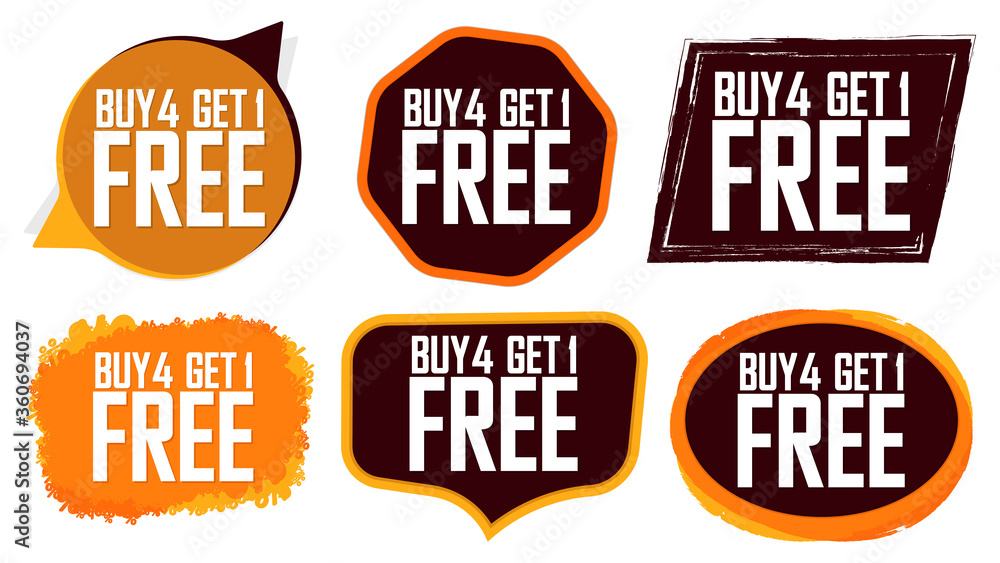 Buy 4 Get 1 Free, Set Sale banners design template, discount tags collection, great offer, vector illustration