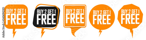 Buy 2 Get 1 Free, Set Sale speech bubble banners design template, discount tags collection, great offer, vector illustration