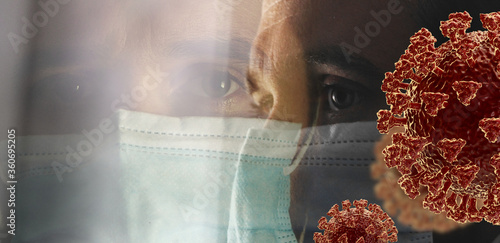 concept of corona virus and mask. a European German young man, 33 years old, with face mask. 3d-illustration photo
