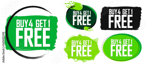 Buy 4 Get 1 Free, Set Sale banners design template, discount tags collection, great offer, vector illustration