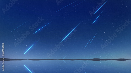 Schilderij op canvas ウユニ塩湖と流星群　天体ショー　天体観測　美しい星空の背景装飾イラスト