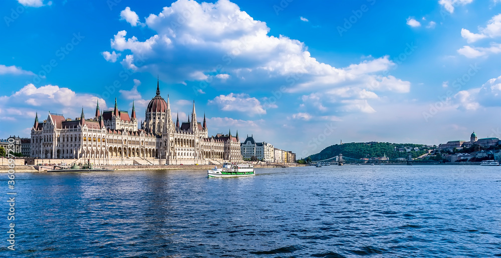The view down the eastern shore of the River Danube in Budapest Past the Parliament building towards the Chain Bridge in the summertime