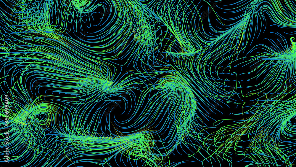3d render of flow field visualization. Lines are curled and turbulence by wind simulation. Scientific concept background..... - obrazy, fototapety, plakaty 
