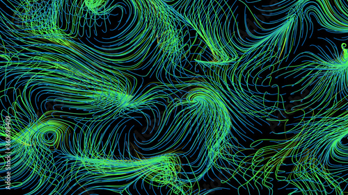 3d render of flow field visualization. Lines are curled and turbulence by wind simulation. Scientific concept background..... photo