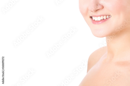 Healthy white smile close up. Beautiful young girl with perfect smile, lips and teeth