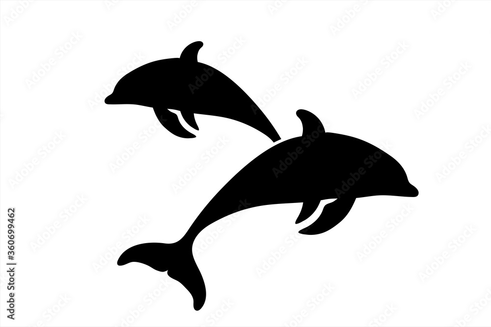 Fototapeta premium Vector silhouette of couple of jumping dolphins on white background. Symbol of ocean animal.