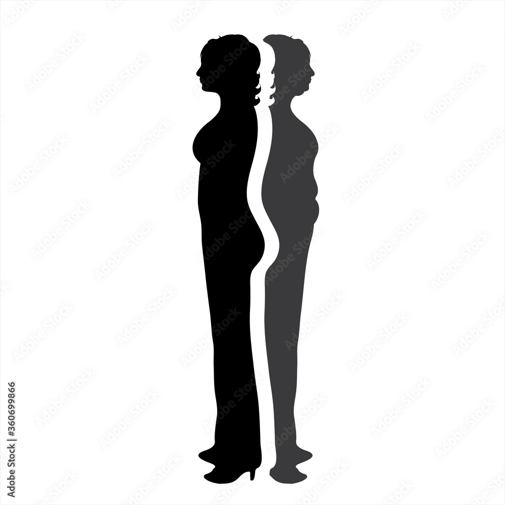 Vector silhouette of slim and fat woman. Symbol of diet.