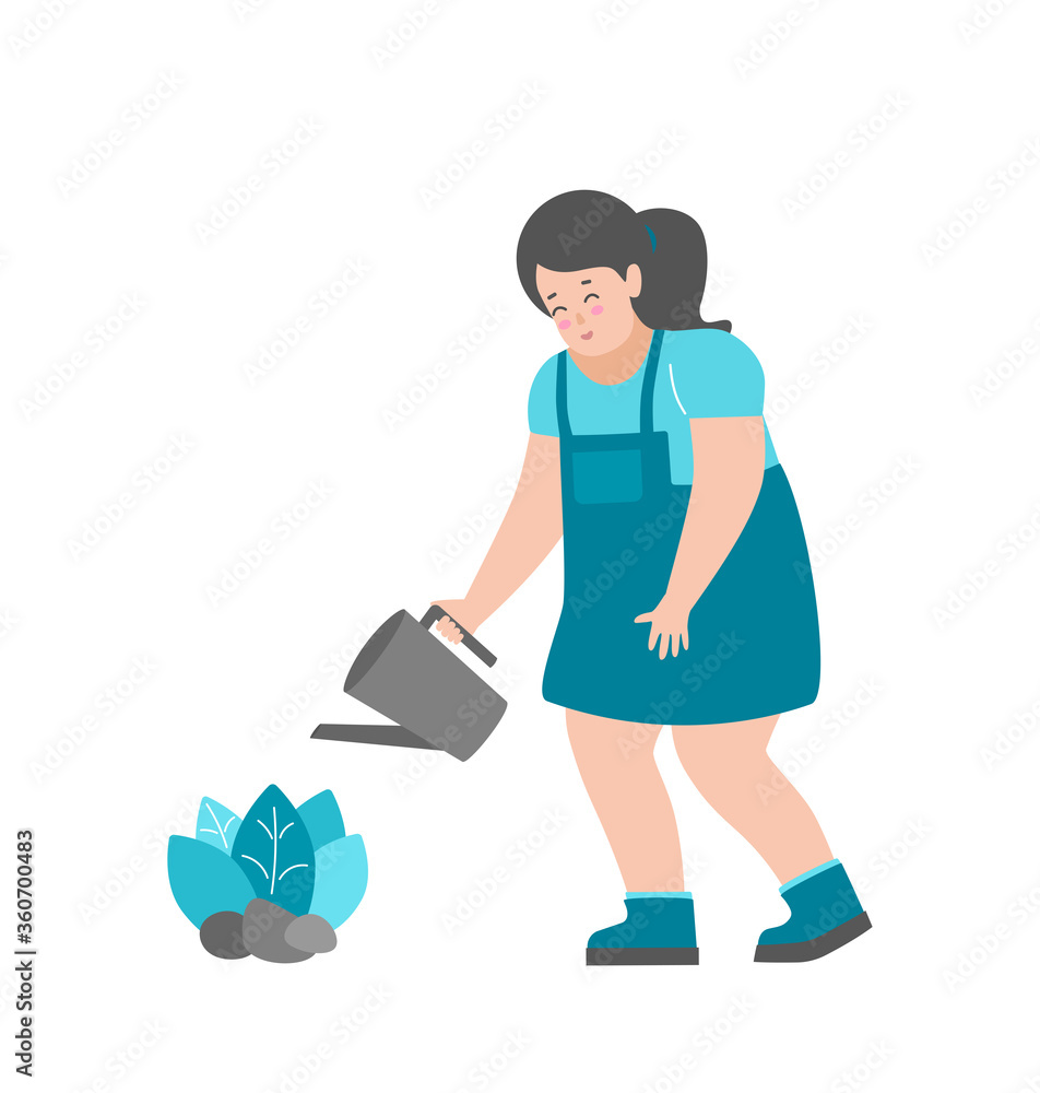 Vector isolated illustration flat concept with cartoon character planting in the garden. Smiling little asian girl waters the leaves with a watering can. Happy summer holidays. White background Vector isolated illustration flat concept with cartoon character planting in the garden. Smiling little asian girl waters the leaves with a watering can. Happy summer holidays. White background