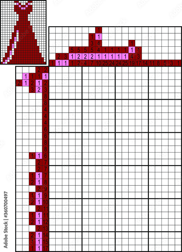 Fototapeta premium Japanese crossword. Colorful. Paint by number puzzle. Education game for children. Red dress