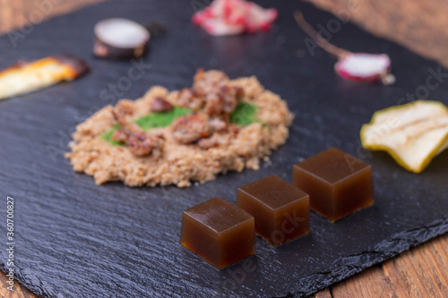 Fototapeta Naklejka Na Ścianę i Meble -  overview molecular gastronomy on black slate