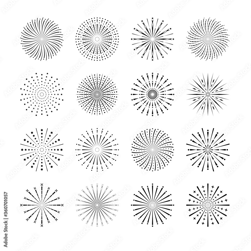 Firework Icon Set Isolated On White Background. Festive Sparkles, Firework Explosion, Festival And Event, Happy New Year.