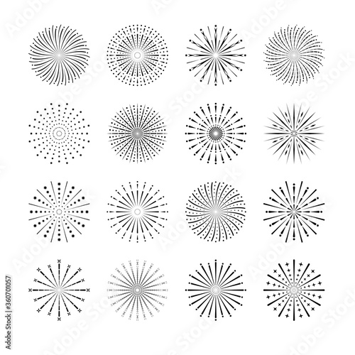 Firework Icon Set Isolated On White Background. Festive Sparkles, Firework Explosion, Festival And Event, Happy New Year.