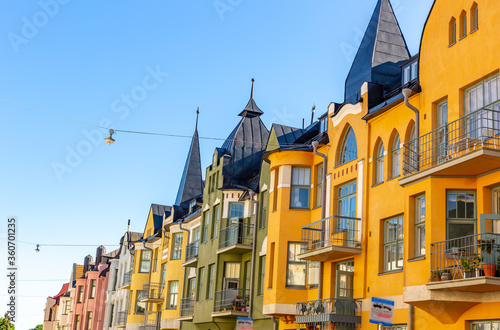 Colorful facades of buildings in Helsinki, the capital of Finland, the traditional Scandinavian architecture, Helsinki