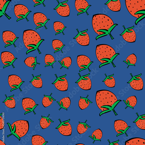 A pattern of red strawberries Drawn with a black outline. illustration of a healthy berry sketch-fresh raw strawberries for print, Internet, mobile devices and infographics